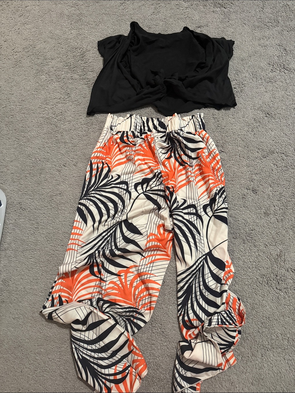 NWOT - Women’s High-Waist Tropical Print Wide-Leg Pants - Orange/Black